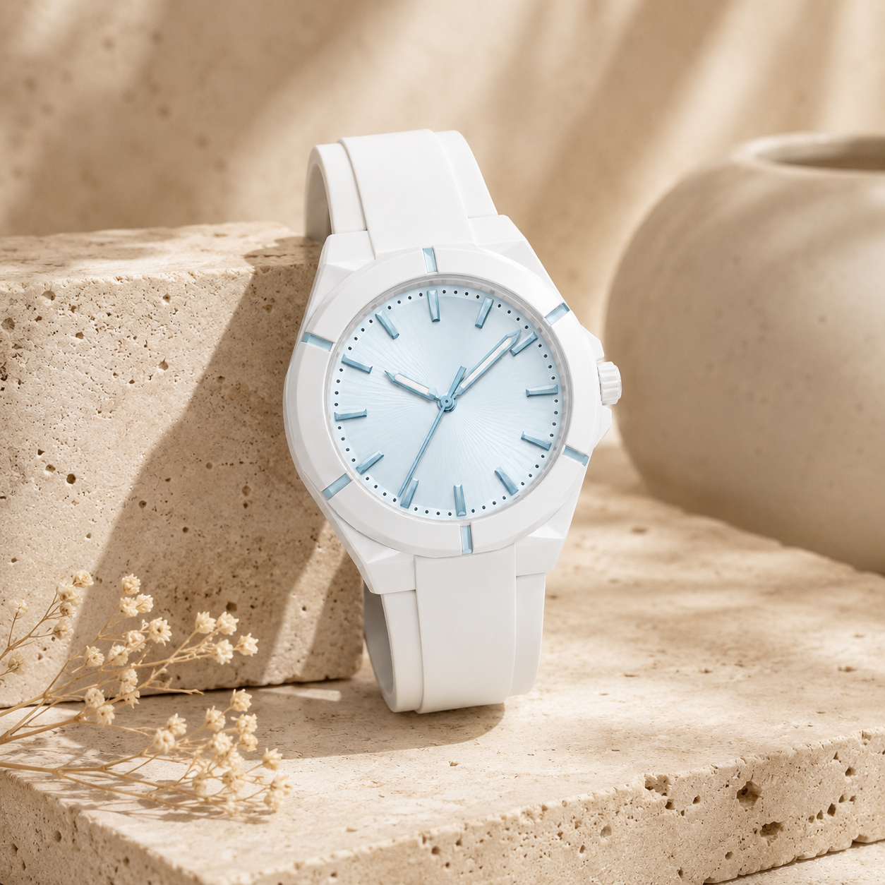 White Sport Watch with Ice Blue Dial for Casual, Travel & Everyday Wear
