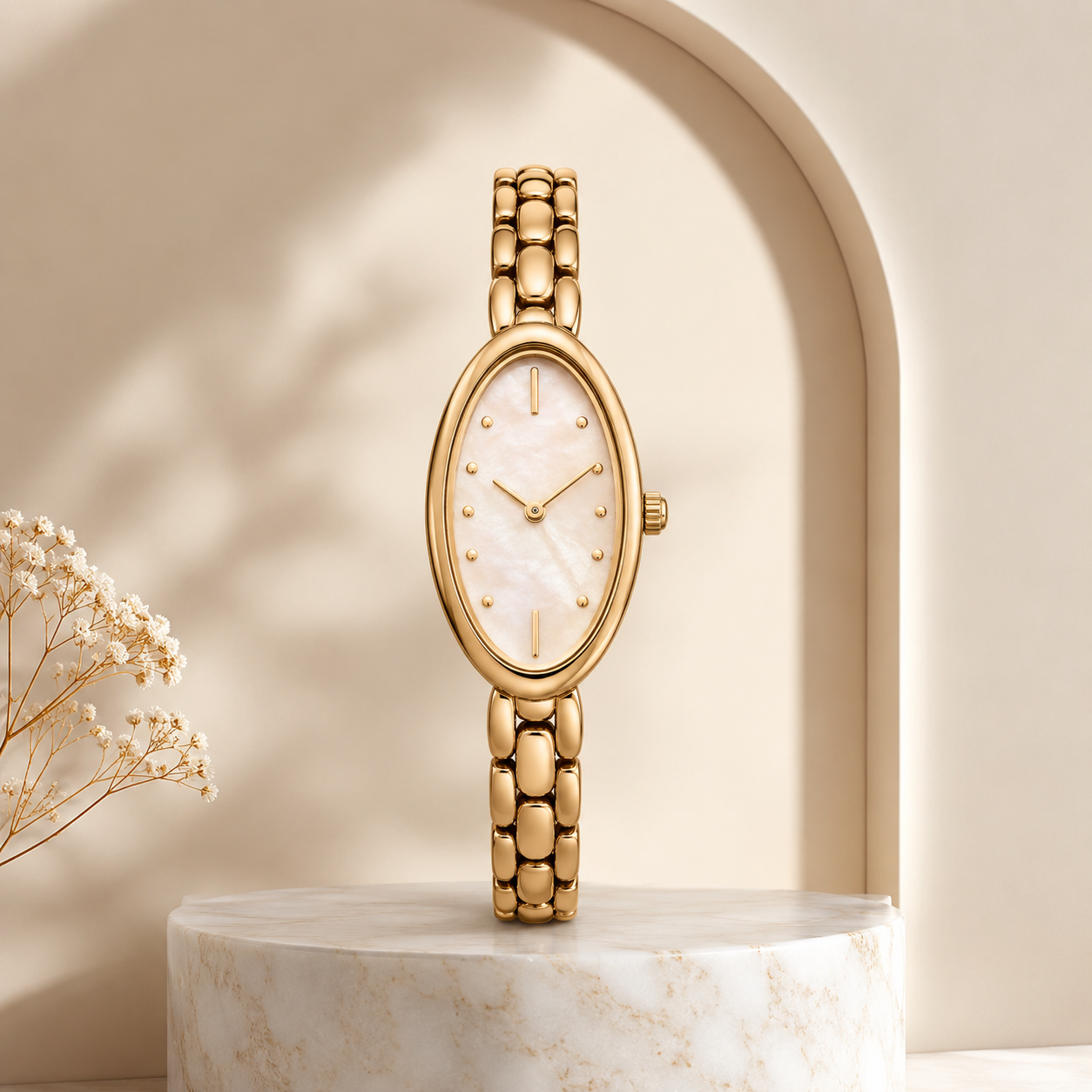 Gold Oval Watch with Mother-of-Pearl Style Dial for Elegant Everyday Wear