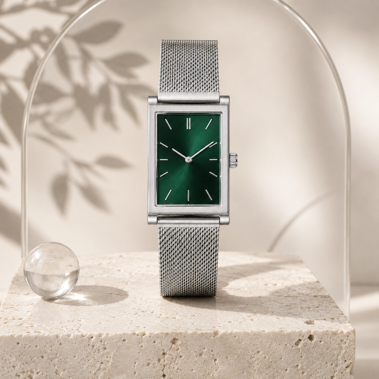Rectangular Green Dial Watch with Silver Mesh Strap for Everyday Style