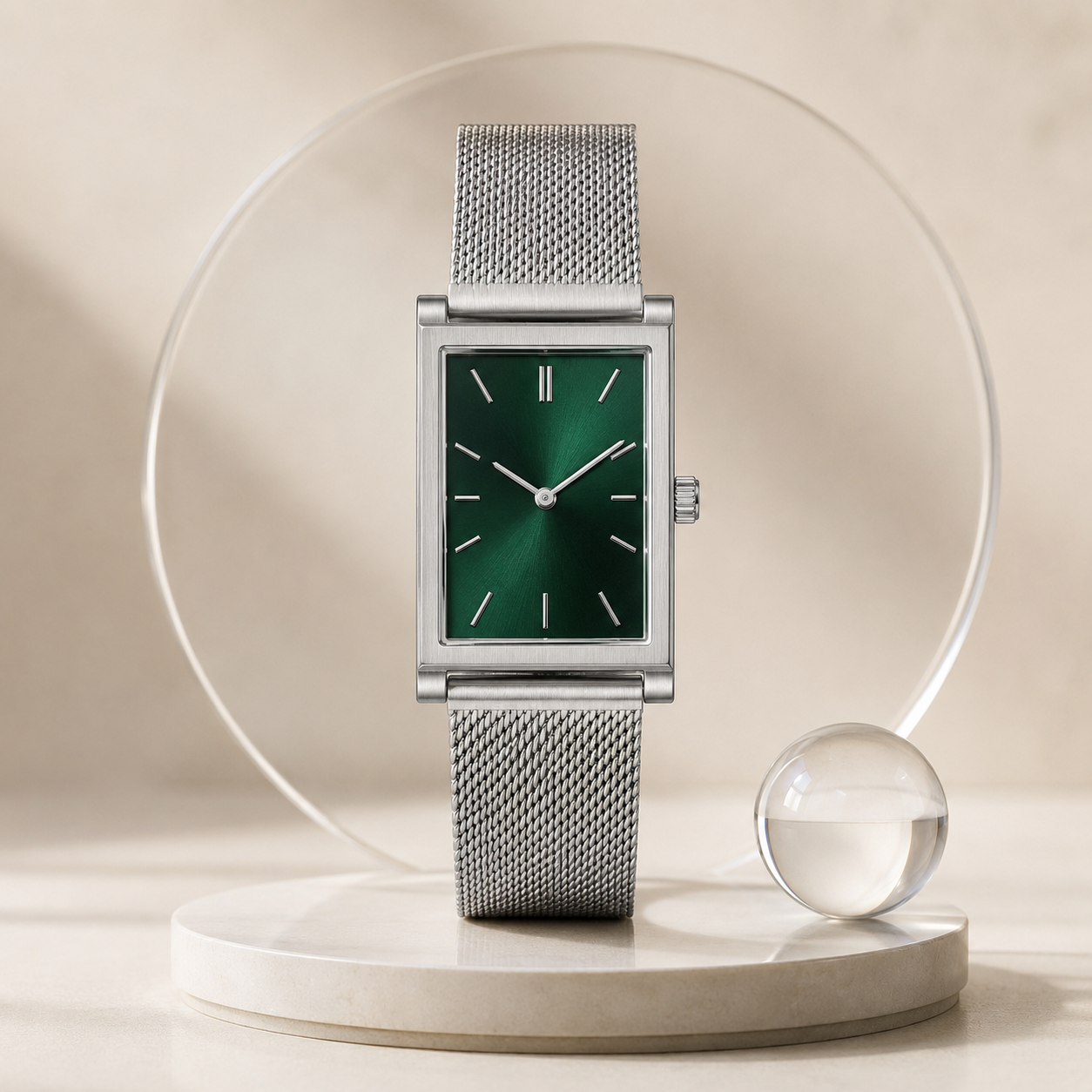 Rectangular Green Dial Watch with Silver Mesh Strap for Everyday Style