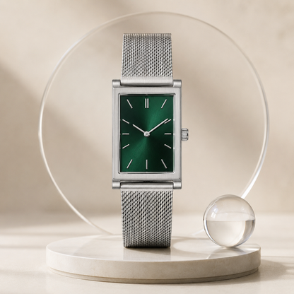 Rectangular Green Dial Watch with Silver Mesh Strap for Everyday Style