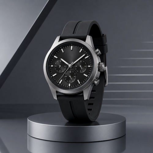 Black Chronograph-Style Watch with Silicone Strap for Sport, Work & Everyday Wear