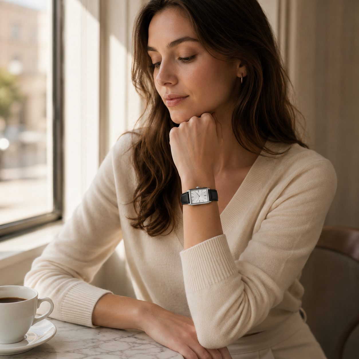 Square Dial Watch with Black Leather-Style Strap for Everyday Style