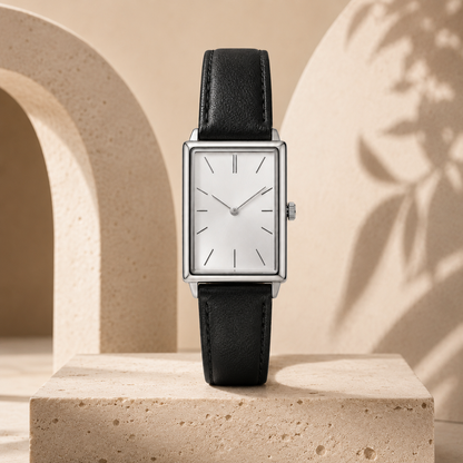 Square Dial Watch with Black Leather-Style Strap for Everyday Style