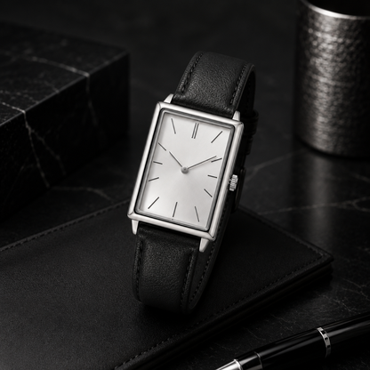 Square Dial Watch with Black Leather-Style Strap for Everyday Style