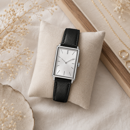 Square Dial Watch with Black Leather-Style Strap for Everyday Style