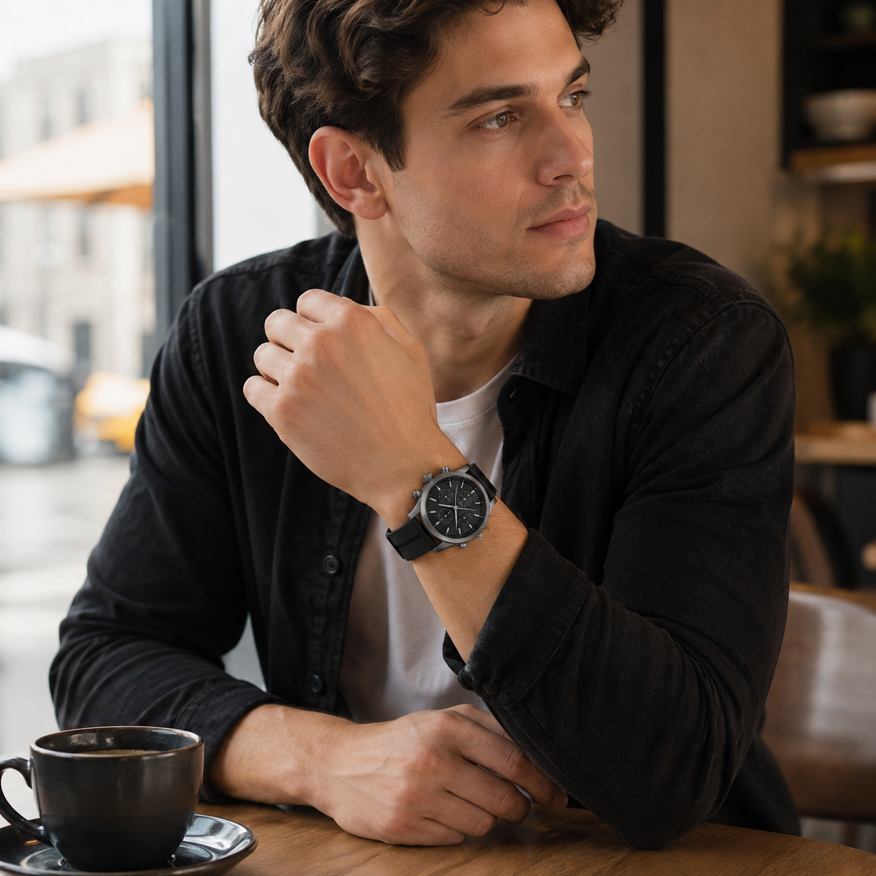 Black Chronograph-Style Watch with Silicone Strap for Sport, Work & Everyday Wear