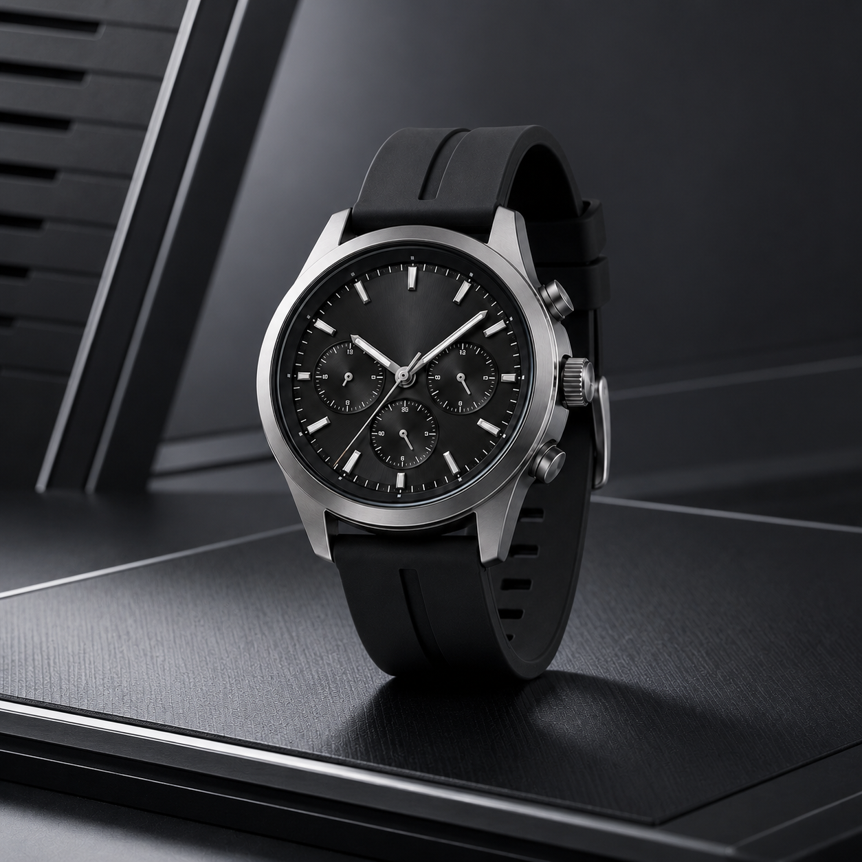 Black Chronograph-Style Watch with Silicone Strap for Sport, Work & Everyday Wear