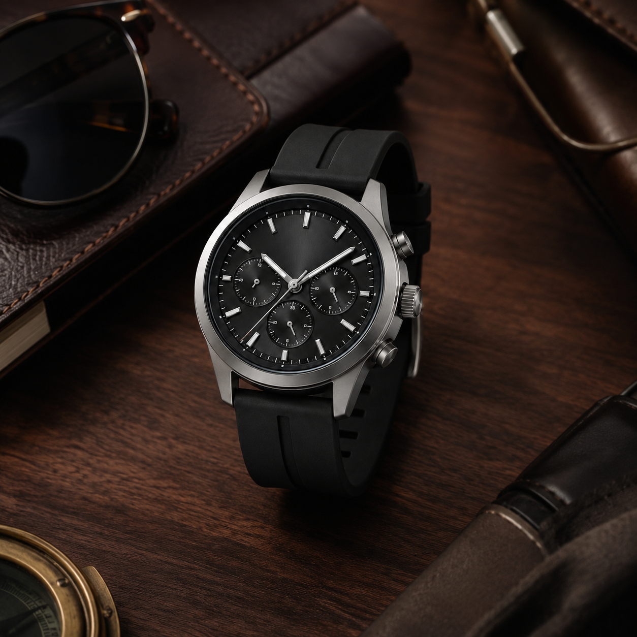 Black Chronograph-Style Watch with Silicone Strap for Sport, Work & Everyday Wear