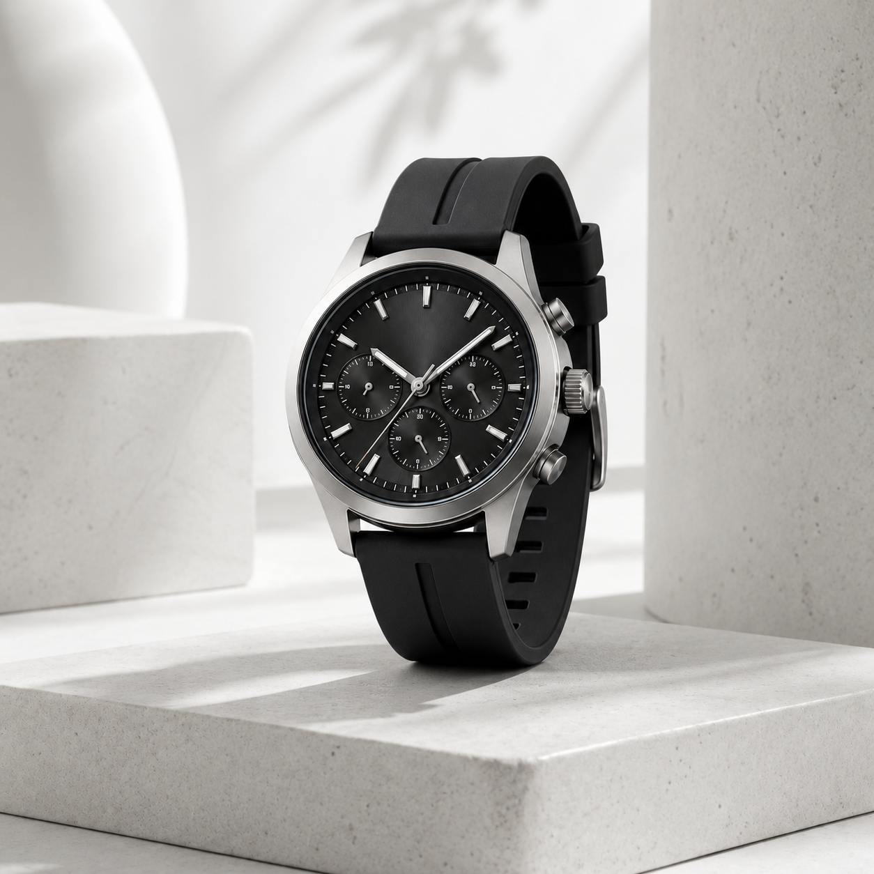 Black Chronograph-Style Watch with Silicone Strap for Sport, Work & Everyday Wear
