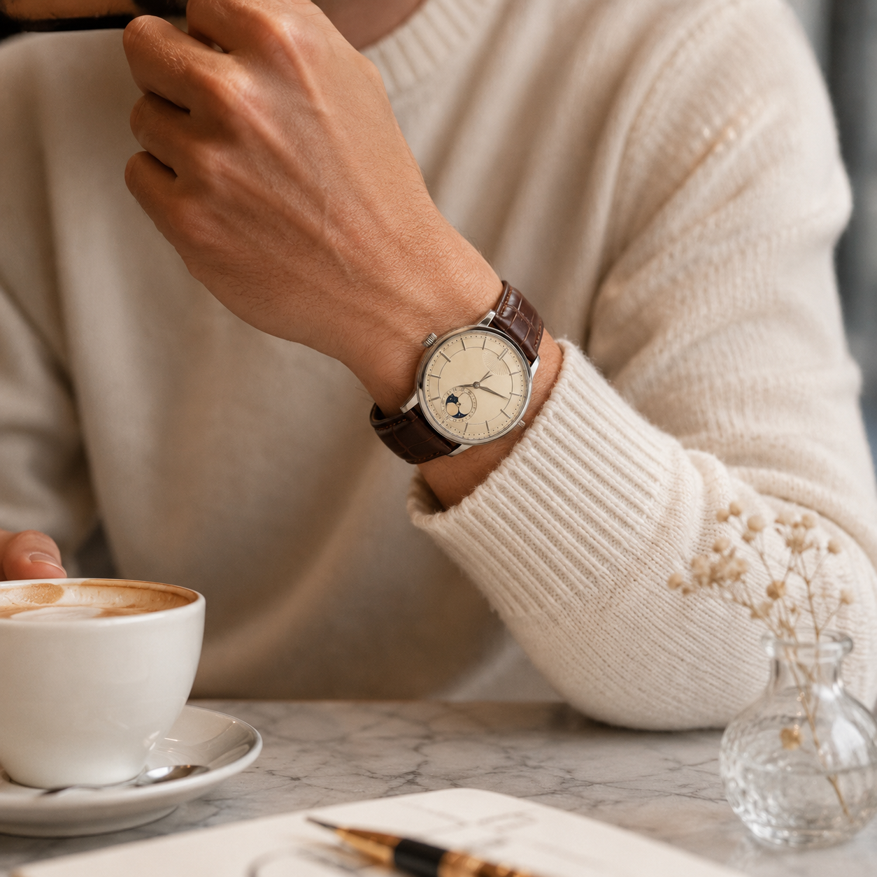 Moonphase-Style Leather Strap Watch for Classic Everyday Style