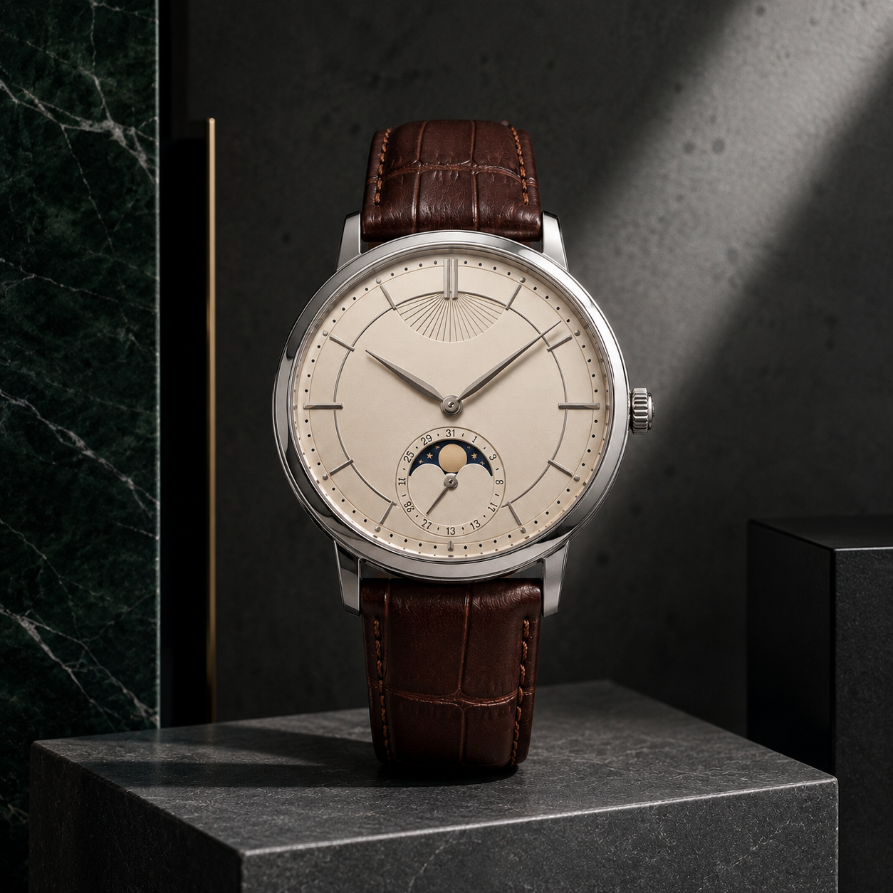 Moonphase-Style Leather Strap Watch for Classic Everyday Style
