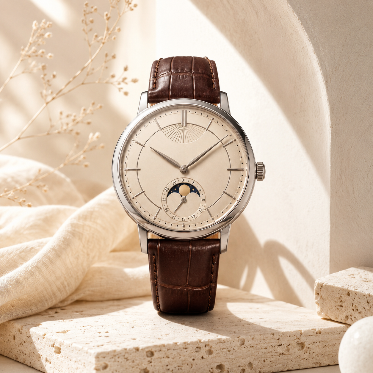 Moonphase-Style Leather Strap Watch for Classic Everyday Style