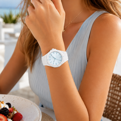 White Sport Watch with Ice Blue Dial for Casual, Travel & Everyday Wear
