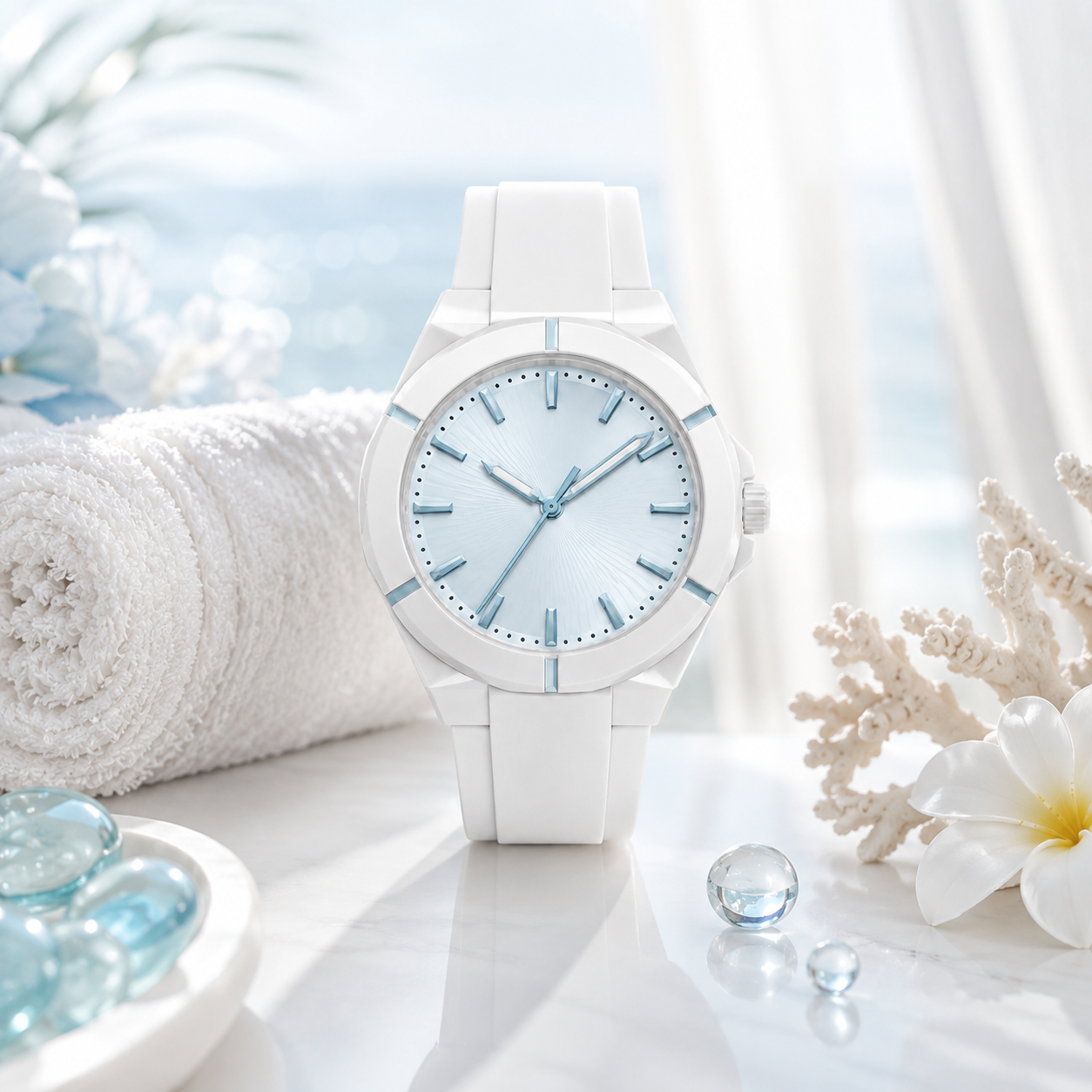 White Sport Watch with Ice Blue Dial for Casual, Travel & Everyday Wear