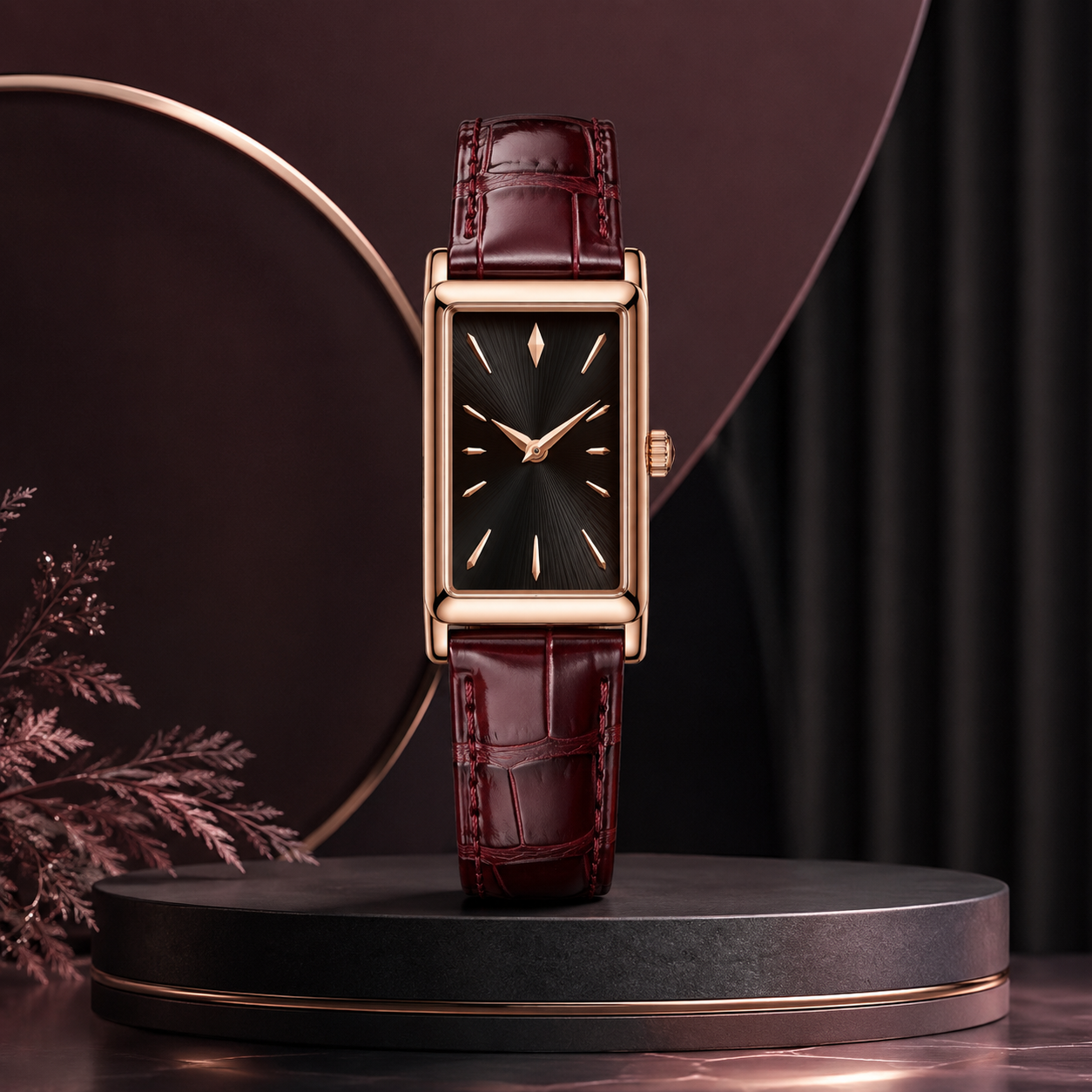 Rectangular Watch with Burgundy Leather-Style Strap for Elegant Everyday Style