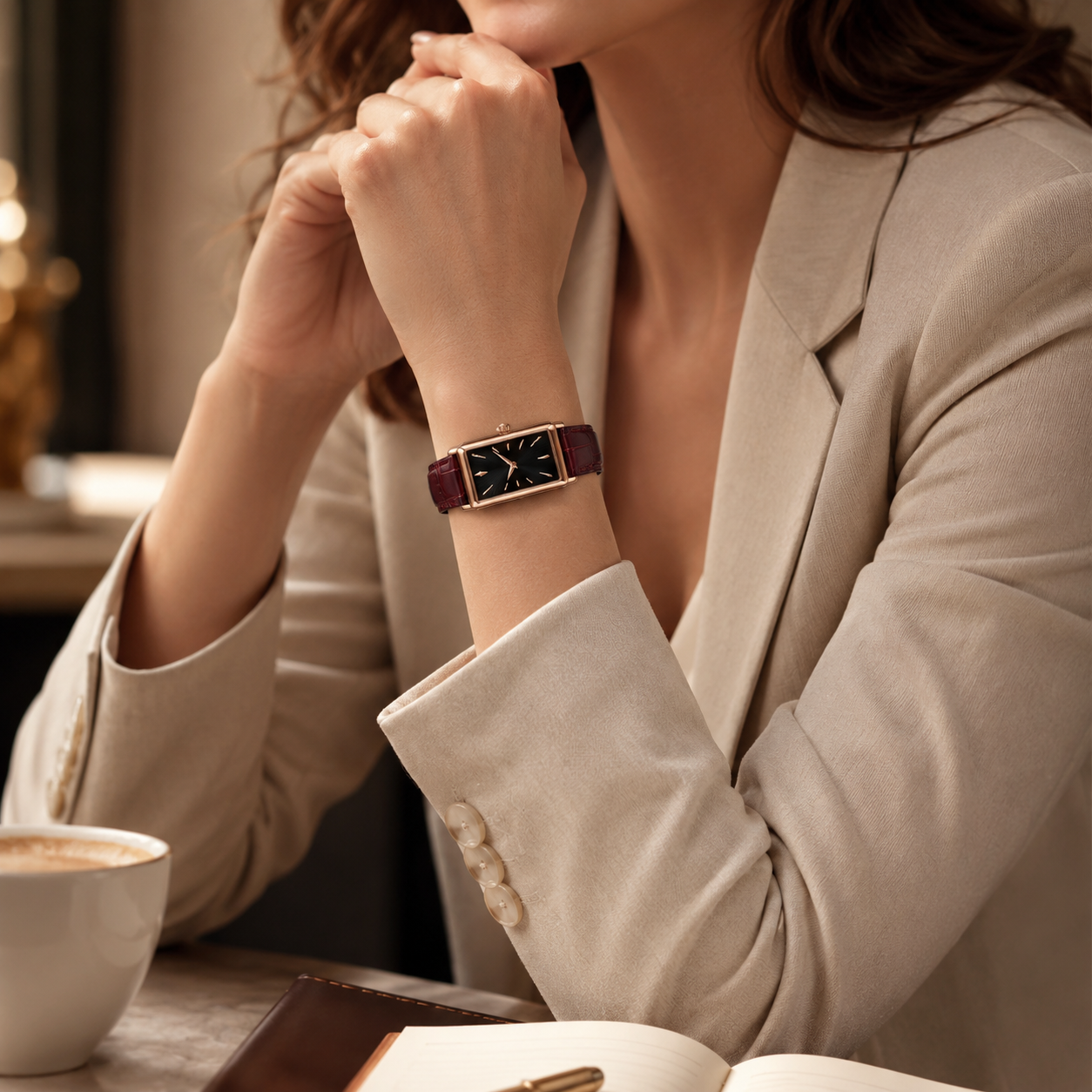 Rectangular Watch with Burgundy Leather-Style Strap for Elegant Everyday Style
