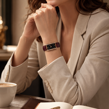 Rectangular Watch with Burgundy Leather-Style Strap for Elegant Everyday Style