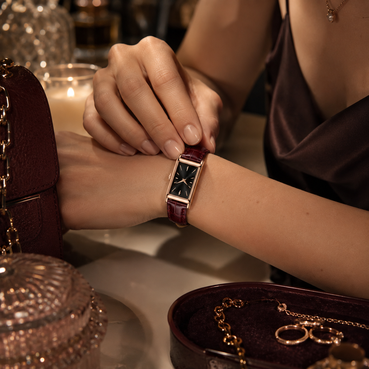 Rectangular Watch with Burgundy Leather-Style Strap for Elegant Everyday Style