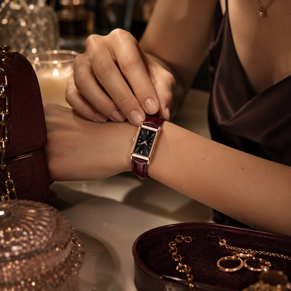 Rectangular Watch with Burgundy Leather-Style Strap for Elegant Everyday Style