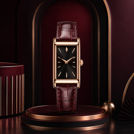 Rectangular Watch with Burgundy Leather-Style Strap for Elegant Everyday Style