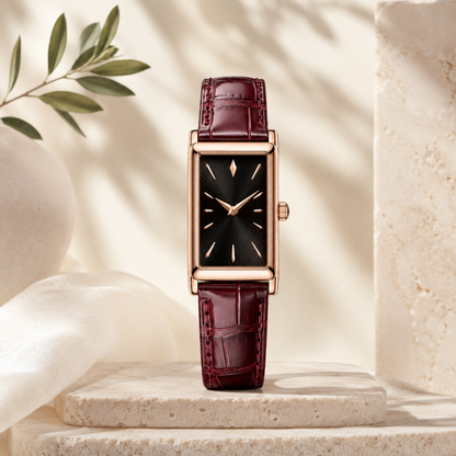Rectangular Watch with Burgundy Leather-Style Strap for Elegant Everyday Style