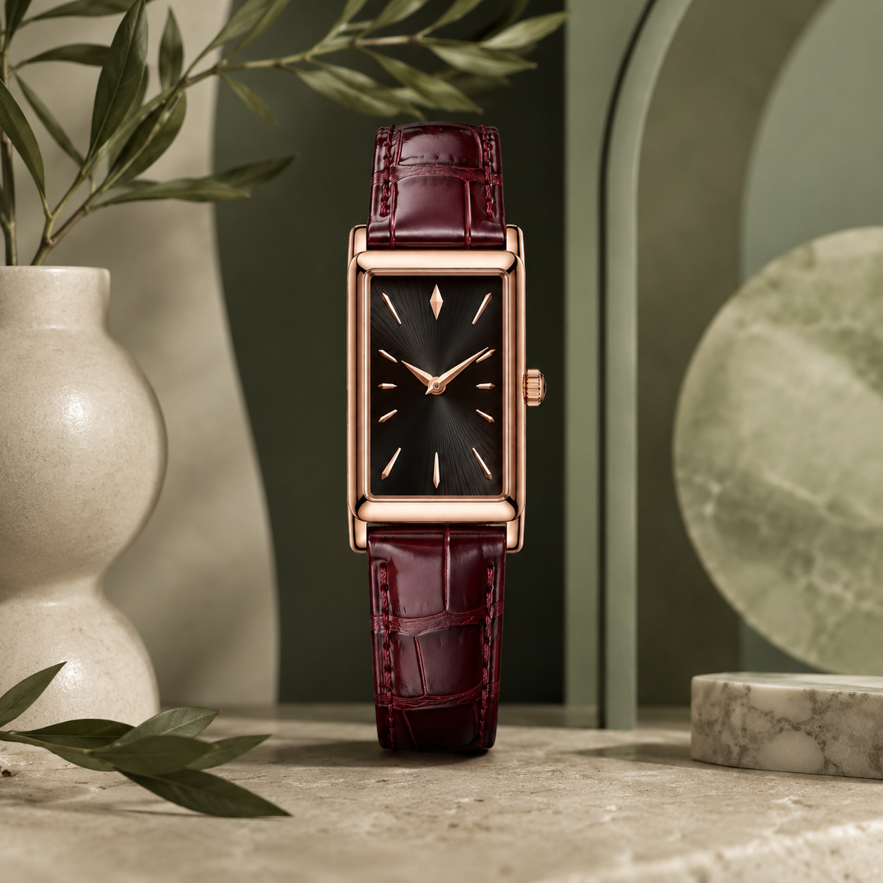 Rectangular Watch with Burgundy Leather-Style Strap for Elegant Everyday Style