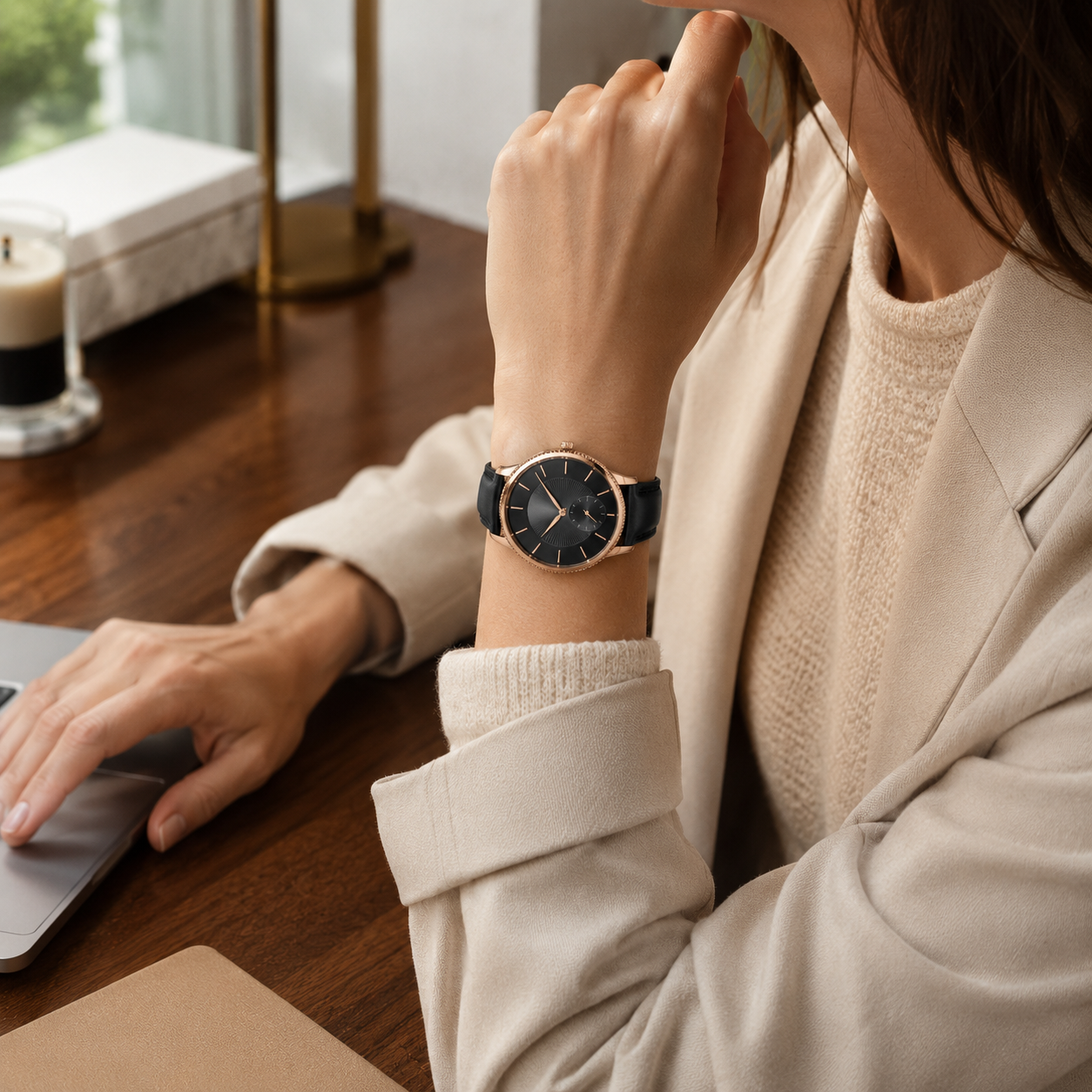 Black & Rose-Gold Tone Watch with Leather-Style Strap for Everyday Style