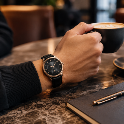 Black & Rose-Gold Tone Watch with Leather-Style Strap for Everyday Style