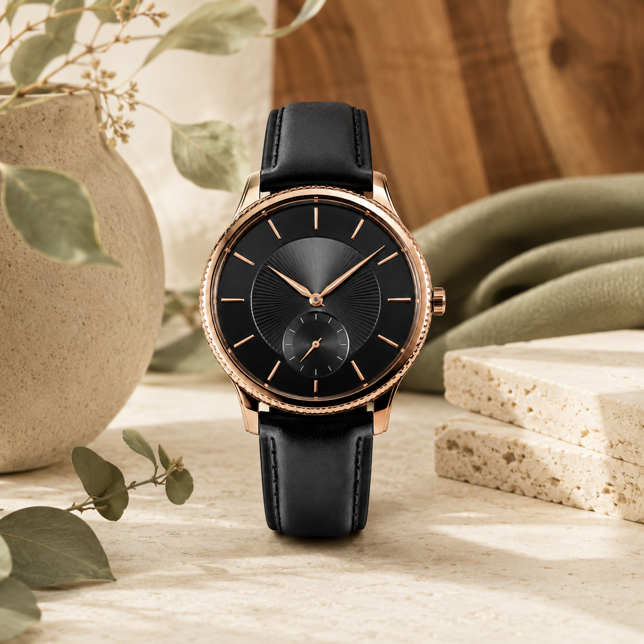 Black & Rose-Gold Tone Watch with Leather-Style Strap for Everyday Style