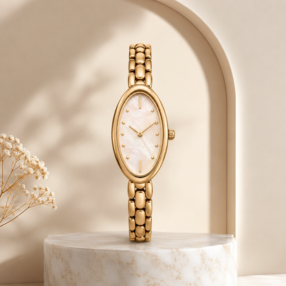 Gold Oval Watch with Mother-of-Pearl Style Dial for Elegant Everyday Wear