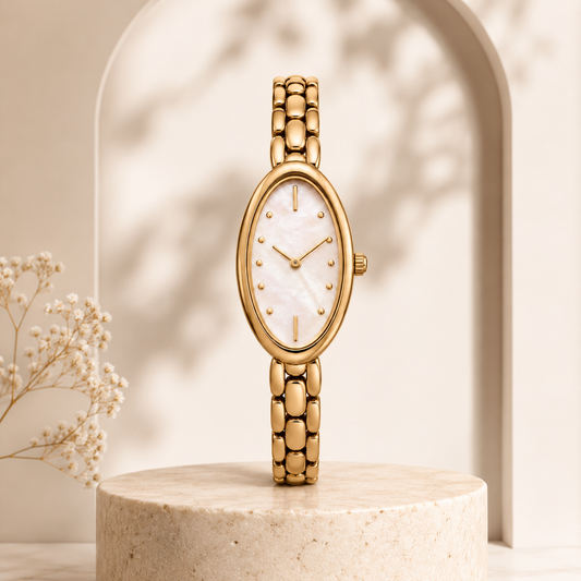 Gold Oval Watch with Mother-of-Pearl Style Dial for Elegant Everyday Wear