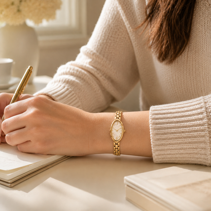 Gold Oval Watch with Mother-of-Pearl Style Dial for Elegant Everyday Wear
