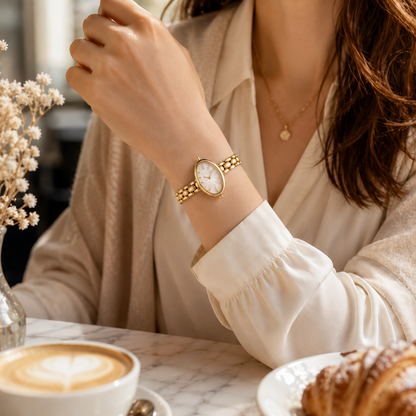 Gold Oval Watch with Mother-of-Pearl Style Dial for Elegant Everyday Wear