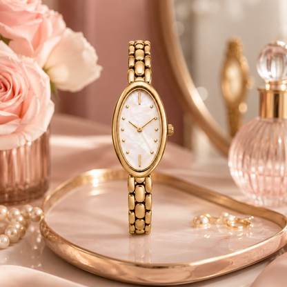 Gold Oval Watch with Mother-of-Pearl Style Dial for Elegant Everyday Wear