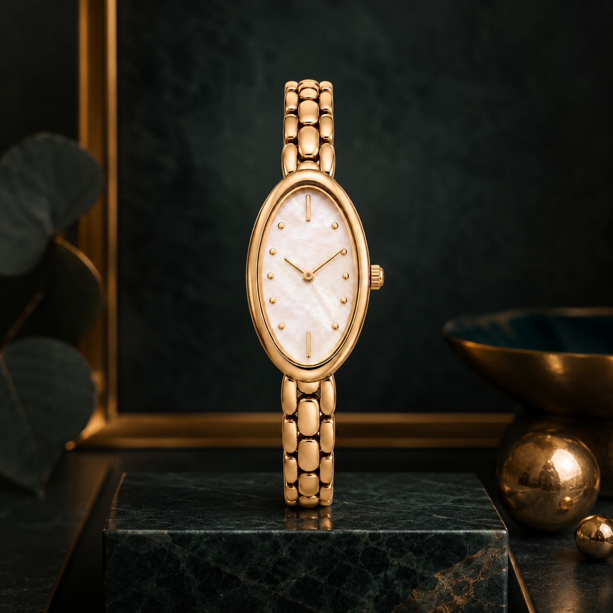 Gold Oval Watch with Mother-of-Pearl Style Dial for Elegant Everyday Wear