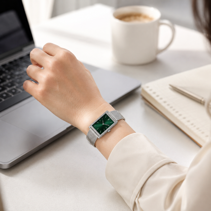 Rectangular Green Dial Watch with Silver Mesh Strap for Everyday Style