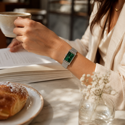 Rectangular Green Dial Watch with Silver Mesh Strap for Everyday Style