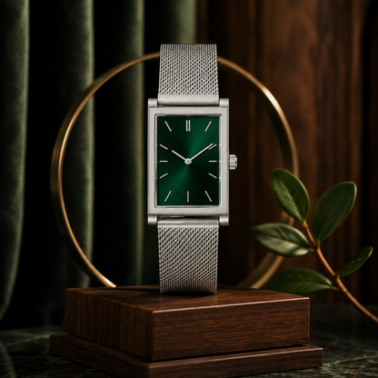 Rectangular Green Dial Watch with Silver Mesh Strap for Everyday Style