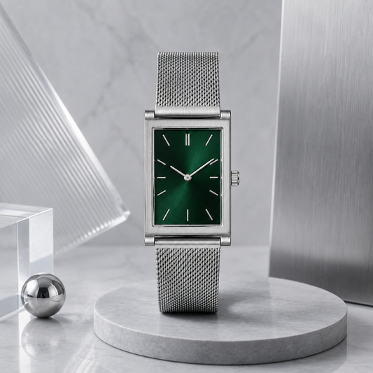 Rectangular Green Dial Watch with Silver Mesh Strap for Everyday Style